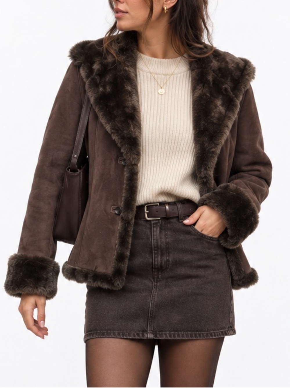 Calvin Klein Brown Faux Shearling Suede Coat S Penny Lane Hooded Y2K Boho Jacket